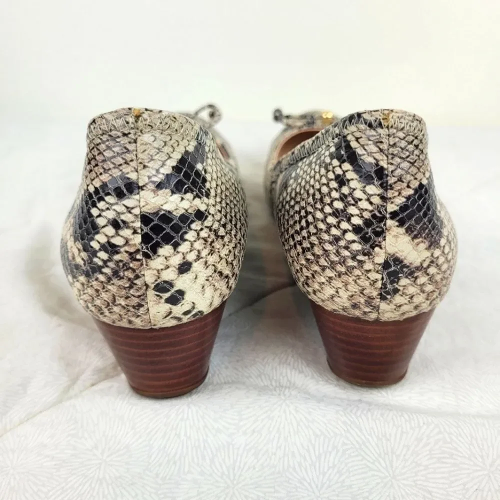 Cole Haan tan black snakeskin leather ballet wedge flats bow gold accent lady 7